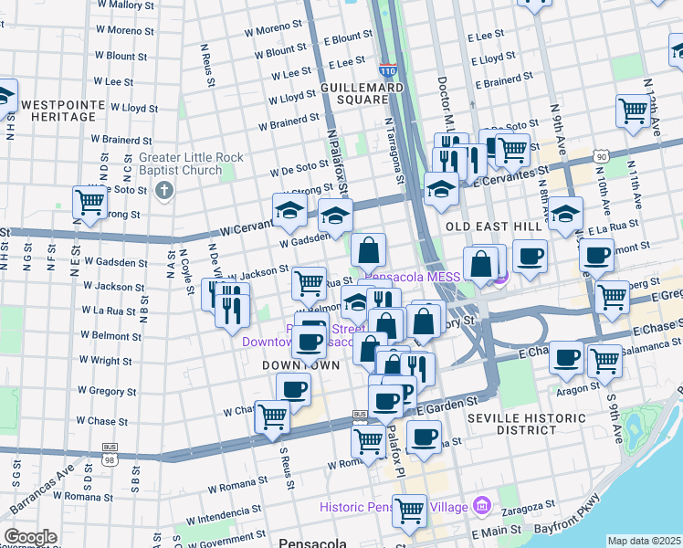 map of restaurants, bars, coffee shops, grocery stores, and more near 18 West La Rua Street in Pensacola