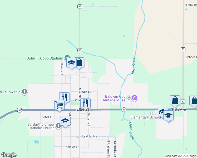 map of restaurants, bars, coffee shops, grocery stores, and more near 13276 Wisconsin Street in Elberta