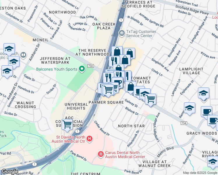 map of restaurants, bars, coffee shops, grocery stores, and more near 12421 North Mopac Expressway in Austin