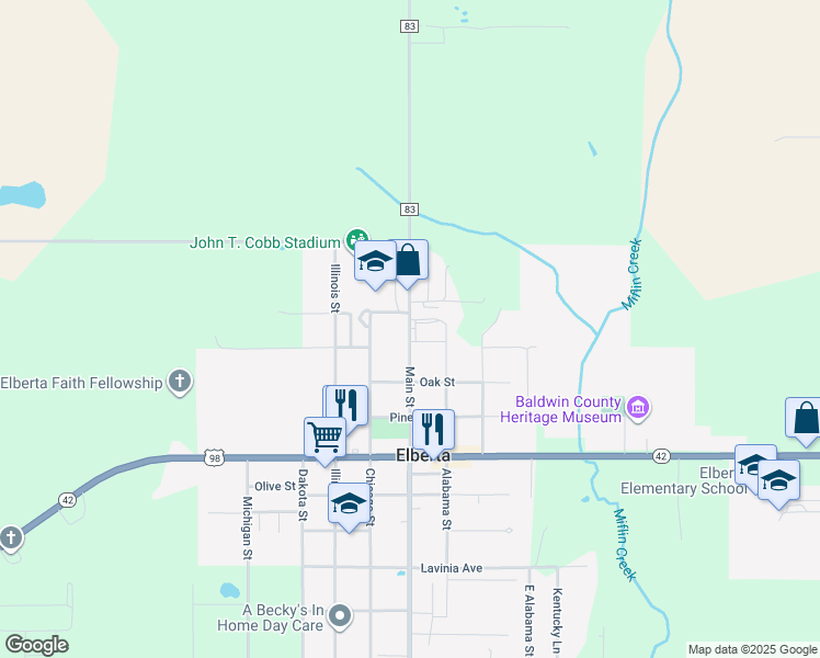 map of restaurants, bars, coffee shops, grocery stores, and more near 13355 Main Street in Elberta
