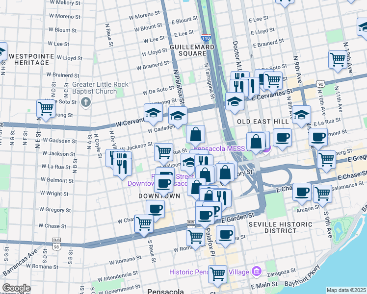 map of restaurants, bars, coffee shops, grocery stores, and more near 18 West La Rua Street in Pensacola