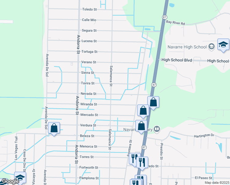 map of restaurants, bars, coffee shops, grocery stores, and more near 8344 Nevada Street in Navarre