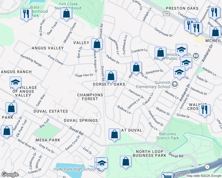 map of restaurants, bars, coffee shops, grocery stores, and more near 12104 Arrowwood Drive in Austin