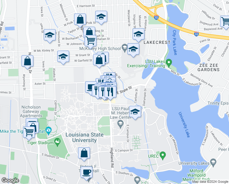 map of restaurants, bars, coffee shops, grocery stores, and more near 149 East State Street in Baton Rouge