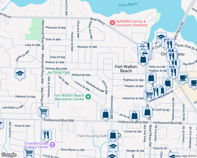 map of restaurants, bars, coffee shops, grocery stores, and more near 62 Silva Drive Northwest in Fort Walton Beach