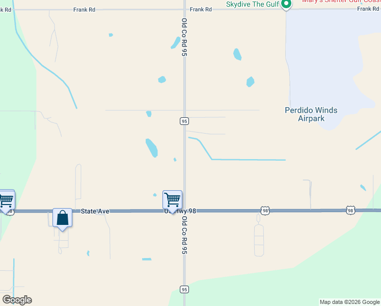 map of restaurants, bars, coffee shops, grocery stores, and more near 13262 County Road 95 in Elberta