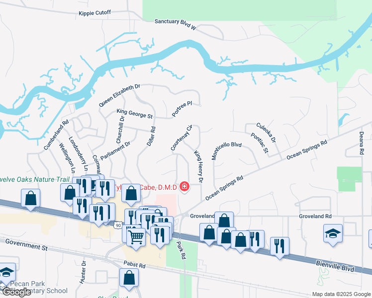 map of restaurants, bars, coffee shops, grocery stores, and more near 1233 King Henry Drive in Ocean Springs