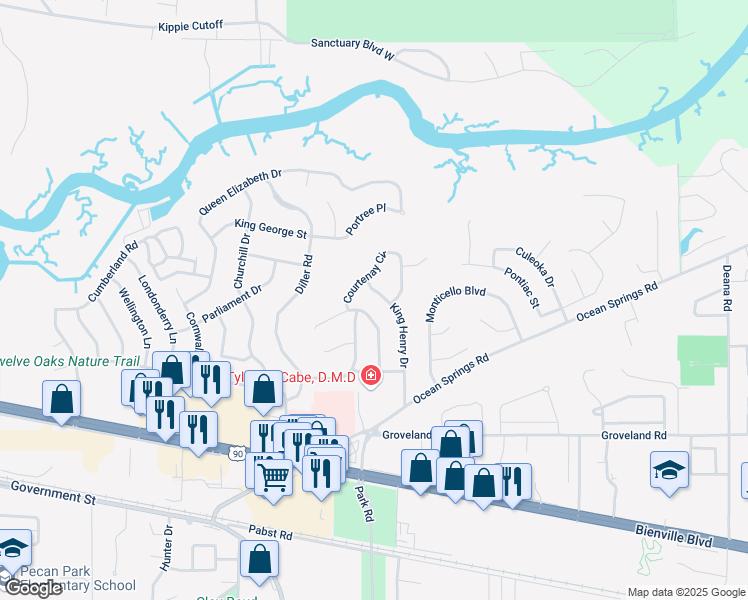 map of restaurants, bars, coffee shops, grocery stores, and more near 1233 King Henry Drive in Ocean Springs