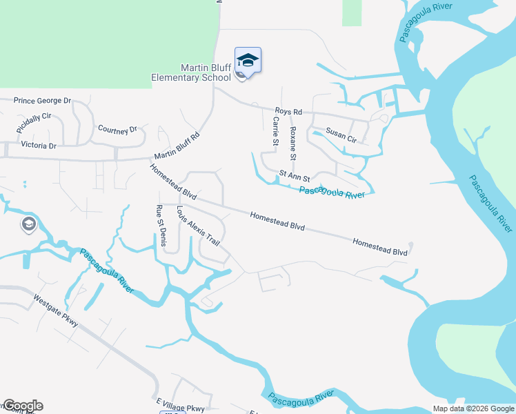 map of restaurants, bars, coffee shops, grocery stores, and more near 1316 Homestead Boulevard in Gautier
