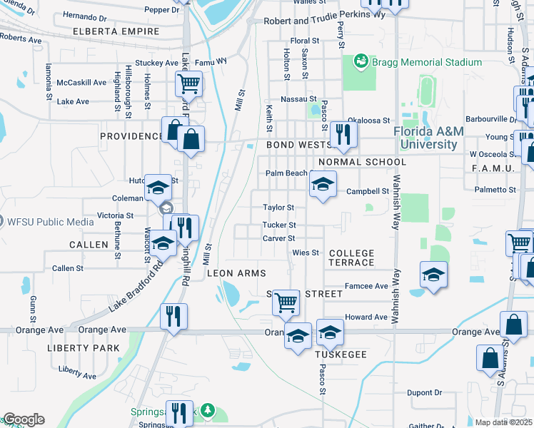 map of restaurants, bars, coffee shops, grocery stores, and more near 2229 Keith Street in Tallahassee