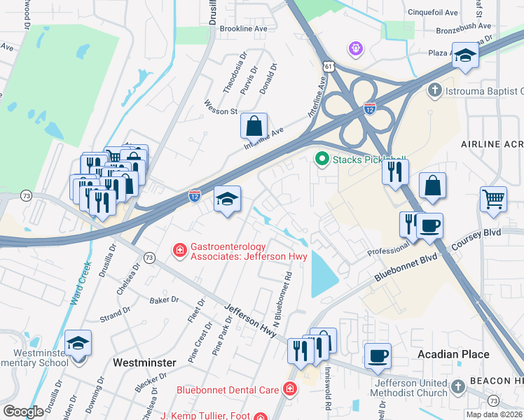 map of restaurants, bars, coffee shops, grocery stores, and more near 9119 Compton Court in Baton Rouge