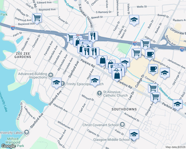 map of restaurants, bars, coffee shops, grocery stores, and more near 2121 Sassy Lane in Baton Rouge