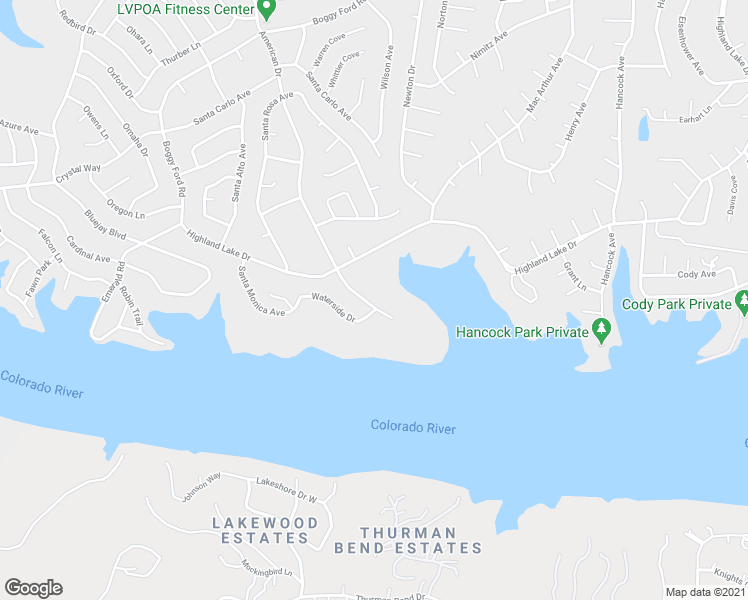 map of restaurants, bars, coffee shops, grocery stores, and more near 1917 American Drive in Lago Vista