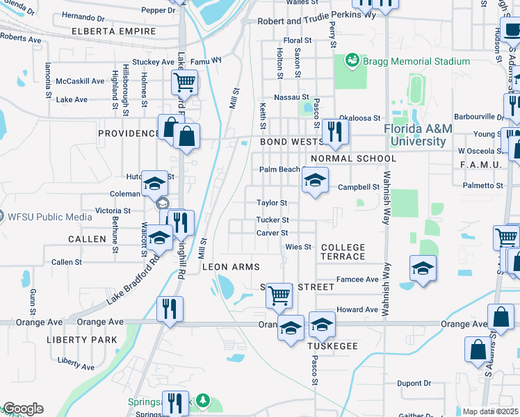 map of restaurants, bars, coffee shops, grocery stores, and more near 2229 Keith Street in Tallahassee