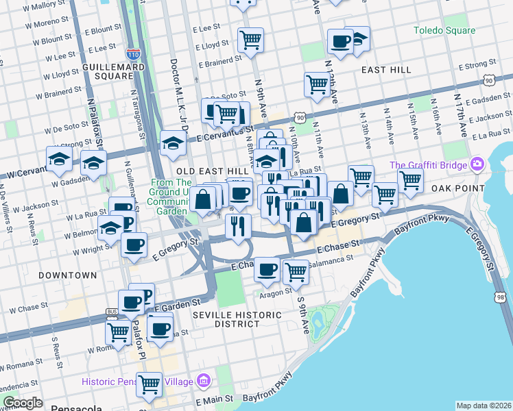 map of restaurants, bars, coffee shops, grocery stores, and more near 806 East Wright Street in Pensacola