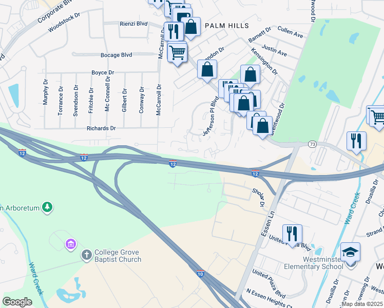 map of restaurants, bars, coffee shops, grocery stores, and more near 7362 North Jefferson Place Circle in Baton Rouge