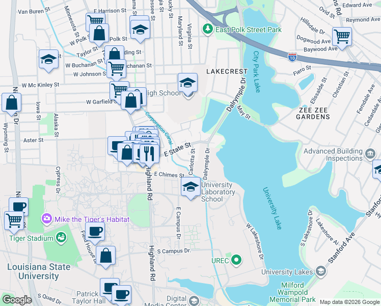 map of restaurants, bars, coffee shops, grocery stores, and more near 3270 Carlotta Street in Baton Rouge