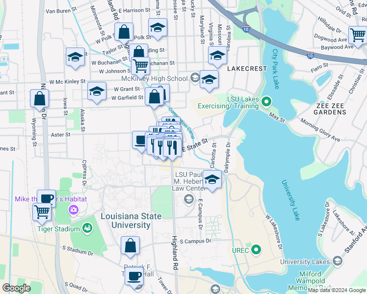 map of restaurants, bars, coffee shops, grocery stores, and more near 69 East State Street in Baton Rouge