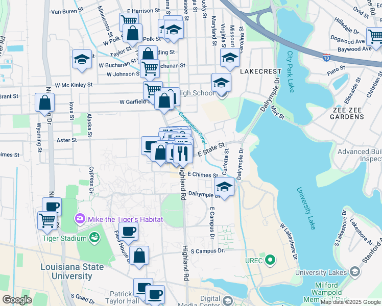 map of restaurants, bars, coffee shops, grocery stores, and more near 69 East State Street in Baton Rouge