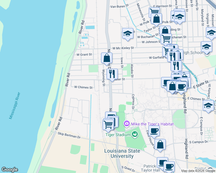map of restaurants, bars, coffee shops, grocery stores, and more near 3390 Nicholson Drive in Baton Rouge