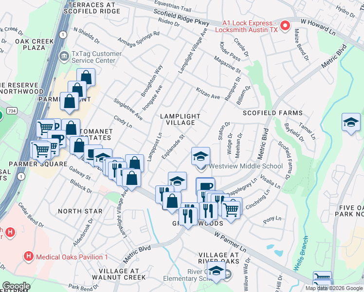 map of restaurants, bars, coffee shops, grocery stores, and more near 1906 Gentilly Circle in Austin