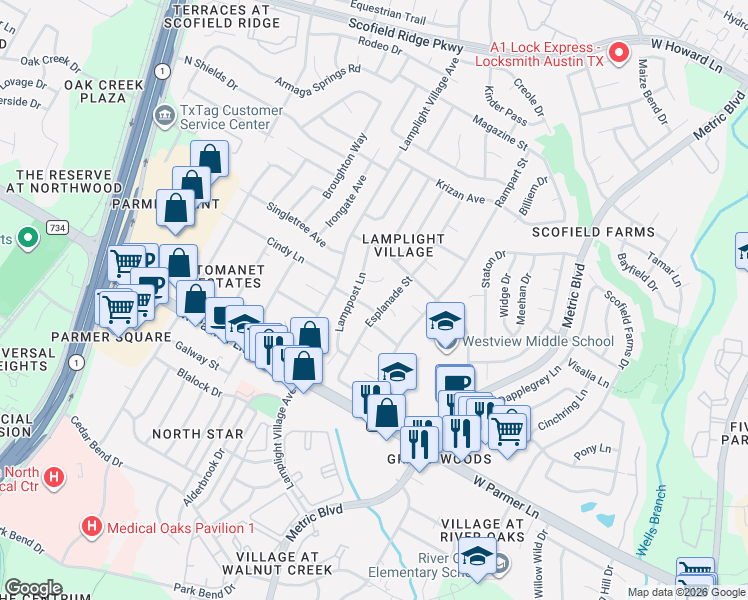 map of restaurants, bars, coffee shops, grocery stores, and more near 1906 Gentilly Circle in Austin