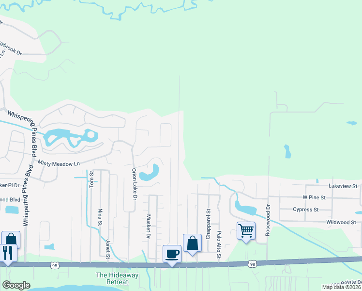 map of restaurants, bars, coffee shops, grocery stores, and more near 2350 Crescent Wood Road in Navarre