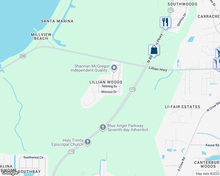map of restaurants, bars, coffee shops, grocery stores, and more near 9121 Sebring Drive in Pensacola