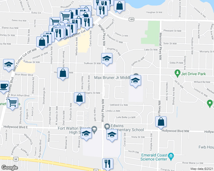map of restaurants, bars, coffee shops, grocery stores, and more near 48 Olde Cypress Circle Northwest in Fort Walton Beach