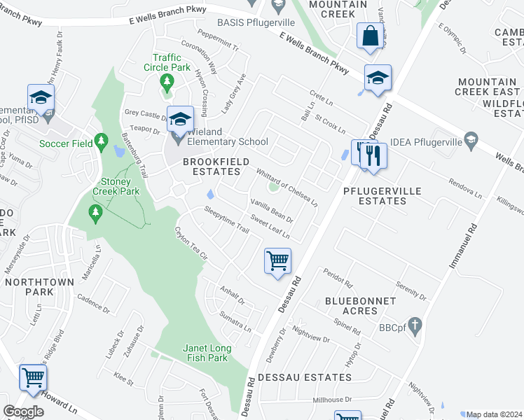 map of restaurants, bars, coffee shops, grocery stores, and more near 1421 Vanilla Bean Drive in Pflugerville