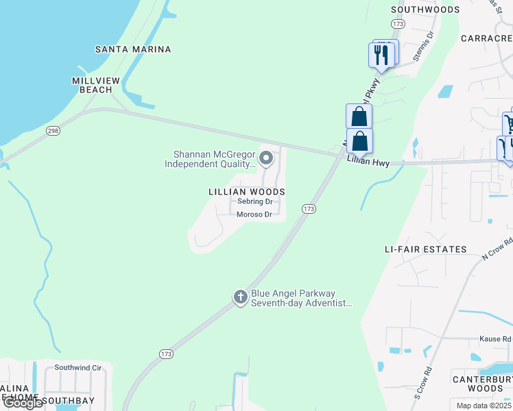 map of restaurants, bars, coffee shops, grocery stores, and more near 9130 Moroso Drive in Pensacola