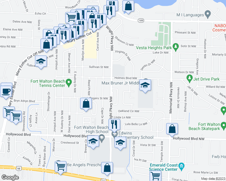 map of restaurants, bars, coffee shops, grocery stores, and more near 52 Olde Cypress Circle Northwest in Fort Walton Beach