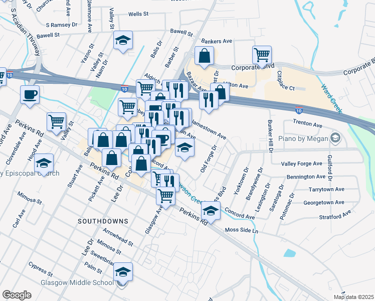 map of restaurants, bars, coffee shops, grocery stores, and more near 3050 Valley Creek Dr in Baton Rouge