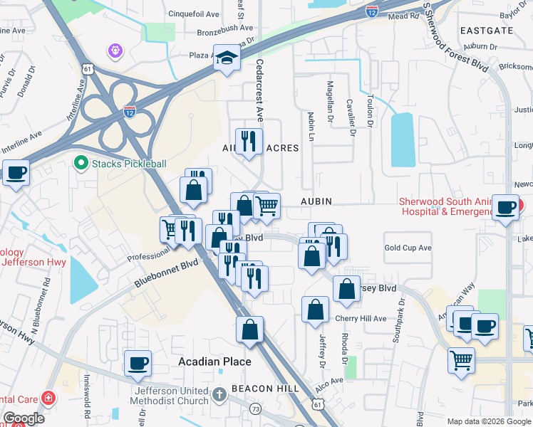map of restaurants, bars, coffee shops, grocery stores, and more near 3651 Cedarcrest Avenue in Baton Rouge