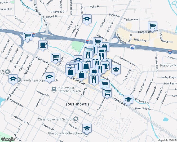 map of restaurants, bars, coffee shops, grocery stores, and more near 3154 College Drive in Baton Rouge