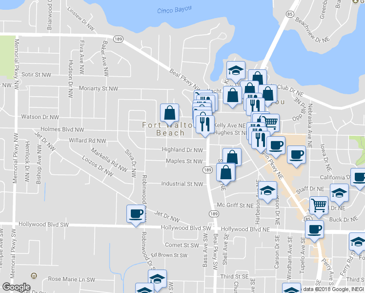 map of restaurants, bars, coffee shops, grocery stores, and more near 17 Highland Drive Northwest in Fort Walton Beach