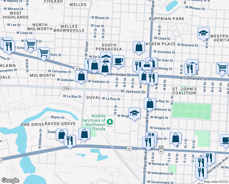 map of restaurants, bars, coffee shops, grocery stores, and more near 2411 West Jackson Street in Pensacola