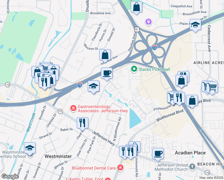 map of restaurants, bars, coffee shops, grocery stores, and more near 3464 Spencer Court in Baton Rouge