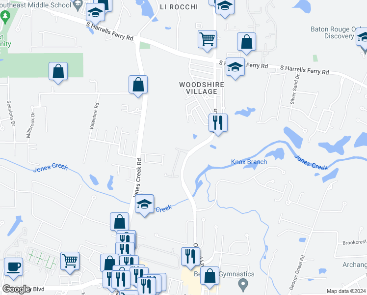 map of restaurants, bars, coffee shops, grocery stores, and more near 15513 Rivermist Avenue in Baton Rouge