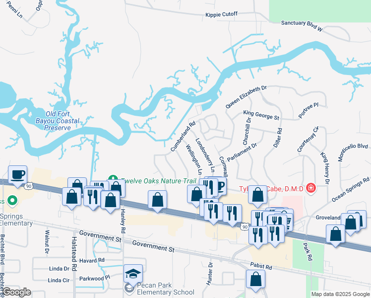 map of restaurants, bars, coffee shops, grocery stores, and more near 1221 Wellington Lane in Ocean Springs
