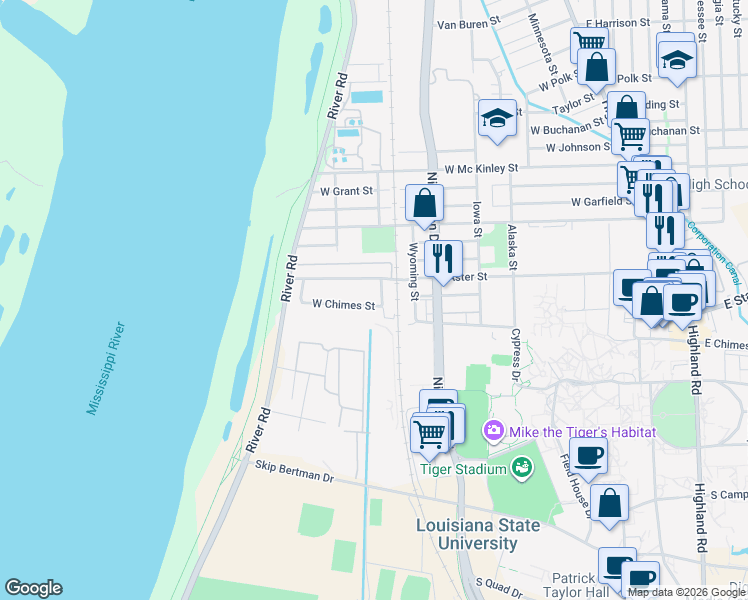 map of restaurants, bars, coffee shops, grocery stores, and more near 1147 West Chimes Street in Baton Rouge
