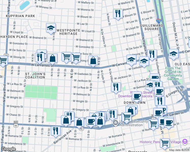map of restaurants, bars, coffee shops, grocery stores, and more near 608 North B Street in Pensacola