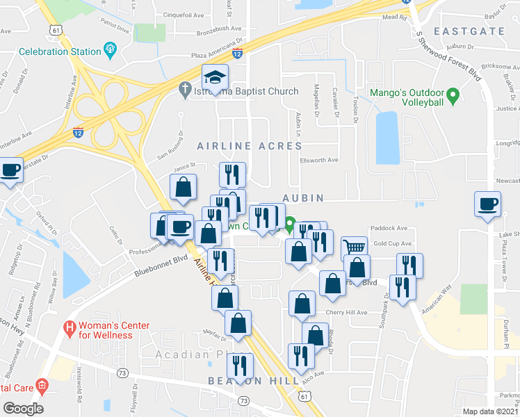 map of restaurants, bars, coffee shops, grocery stores, and more near 3651 Cedarcrest Avenue in Baton Rouge
