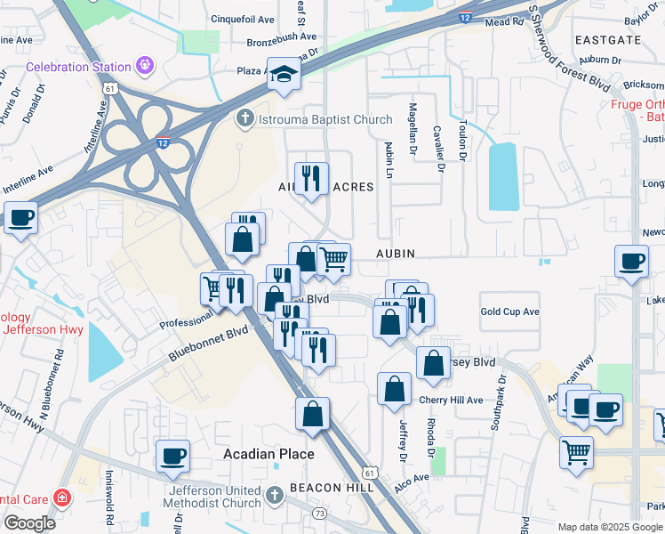 map of restaurants, bars, coffee shops, grocery stores, and more near 3651 Cedarcrest Avenue in Baton Rouge