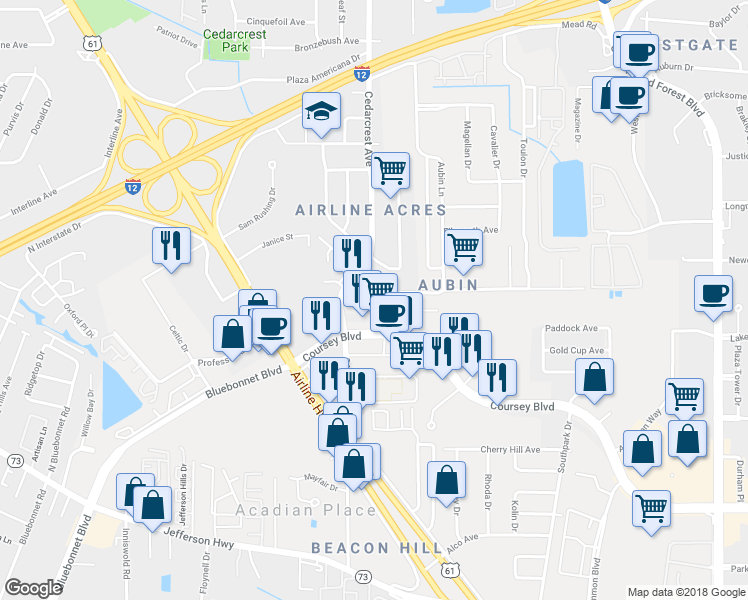 map of restaurants, bars, coffee shops, grocery stores, and more near 3651 Cedarcrest Avenue in Baton Rouge