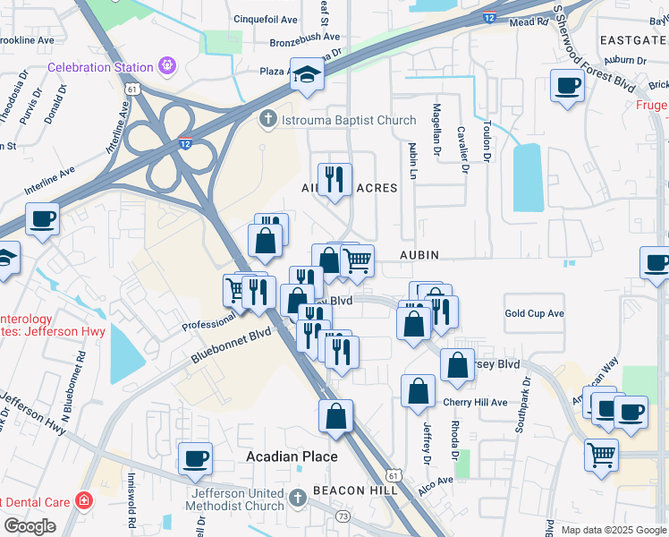 map of restaurants, bars, coffee shops, grocery stores, and more near 3651 Cedarcrest Avenue in Baton Rouge