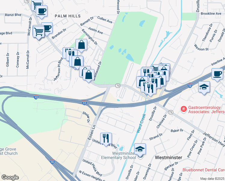 map of restaurants, bars, coffee shops, grocery stores, and more near 8502 Jefferson Highway in Baton Rouge