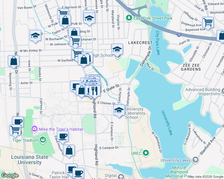 map of restaurants, bars, coffee shops, grocery stores, and more near 240 East State Street in Baton Rouge
