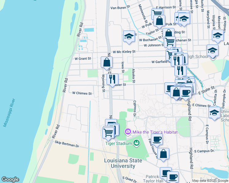 map of restaurants, bars, coffee shops, grocery stores, and more near 1040 Geranium Street in Baton Rouge