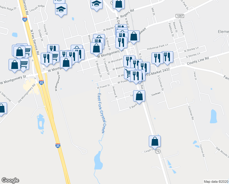 map of restaurants, bars, coffee shops, grocery stores, and more near 605 South Campbell Street in Willis
